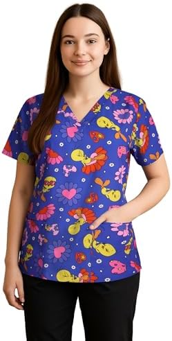 COCO BRANDS Womens Scrub Tops - Tom and Jerry Tweety V-Neck Printed Scrub Tops Women Uniform Shirts with Side Pockets (S-2XL)