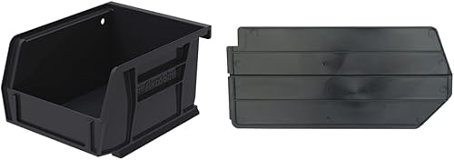 Akro-Mils 30210 AkroBins - Cubo organizador apilable de plástico para colgar, 5 x 4 x 3 pulgadas, negro, paquete de 24 y divisor de plástico 40210