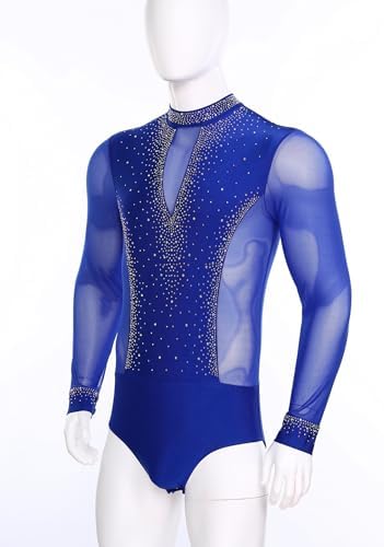 TSSOE Men's Sparkly Rhinestone Latin Tango Dance Shirt Latin Samba Salsa Dance Leotard Bodysuit Blue Large - 3