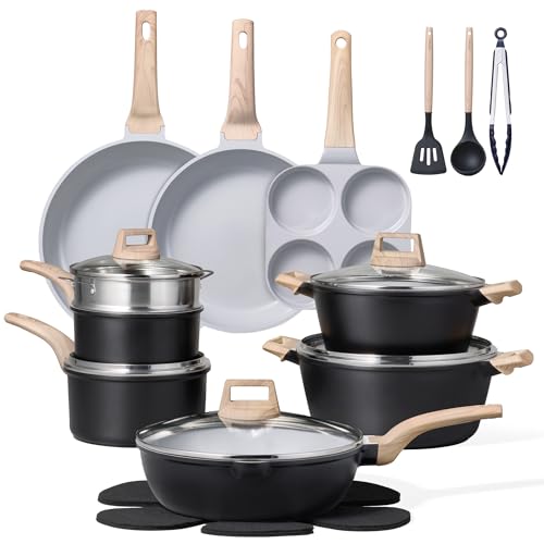 CAROTE 21pcs Pots and Pans Set Nonstick, Cookware Set Black Induction Kitchen Cooking Set w/Frying Pans & Saucepans(PFOS, PFOA Free)