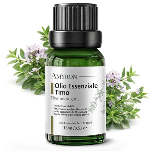 AMYRON Olio Essenziale Timo 15 ml | Timo Timolo | Thymus Vulgaris | Aroma Erbaceo Intenso Naturale e Puro al 100% | Ideale per Aromaterapia e Diffusore