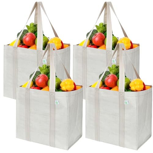 VENO Lot de 4 Sac de Course Réutilisables avec Poche Frontale, Base Renforcée, Sac Cabas Pliable, Tote Bag Polyvalent, Sac de Plage pour le Shopping, Pique-nique, Voyage (Beige, Lot de 4)