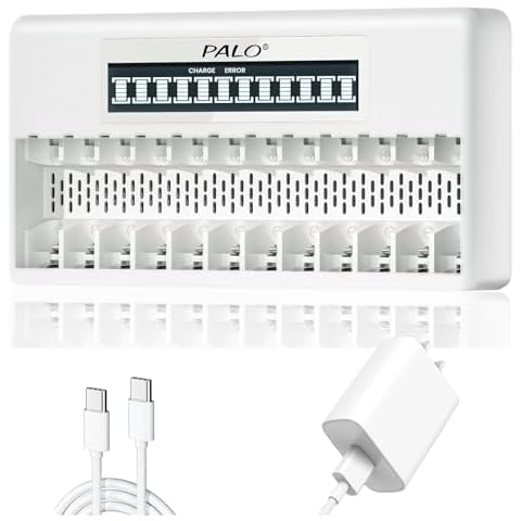 Palogreen 12 Bay Universal Lithium Battery Charger for Rechargeable AA AAA Lithium Batteries, with PD20W 3A Type-C High-Speed Plug Cable and Smart LCD Display Cover