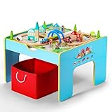 SainSmart Jr. Wooden Train Table, 2-in-1 Activity Table Playset for Kids, Wooden Train Set with Storage Box, Gift for Toddlers Boys Girls