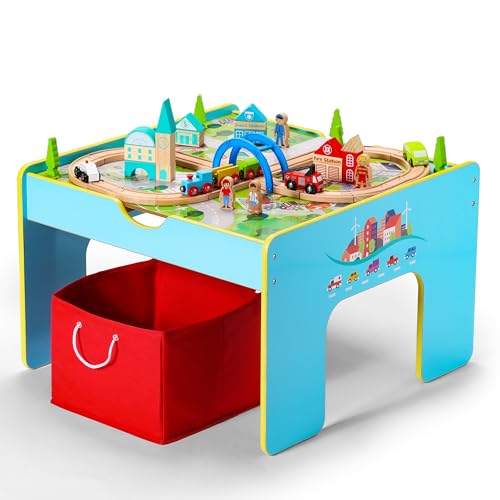 SainSmart Jr. Wooden Train Table, 2-in-1 Activity Table Playset for