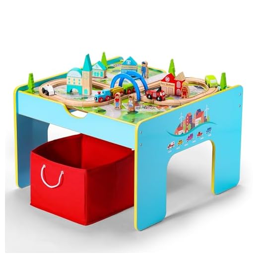 SainSmart Jr. Wooden Train Activity Table 116pcs, 3-in-1 Kids Playset with Large Building Blocks, Track Set and Reversible Top for Toddlers
