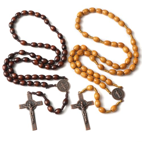 VZZNN 2 Pack Handmade rosary beads Wooden Catholic Rosaries - with Jerusalem Holy Soil Medal & Metal Cross Christian Rosary Bead for Women Men Unisex Jewelry Gift with San Benito Medal (Brown + Gray)