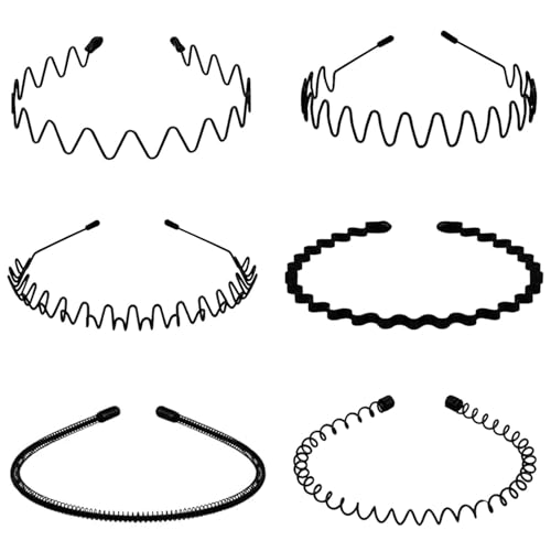 6 Stück Metall Haarband Suiyeejan Haarreifen Männer Damen Leicht und Rutschfest Verstellbar Schwarz Metall Stirnband für Outdoor Sports Yoga