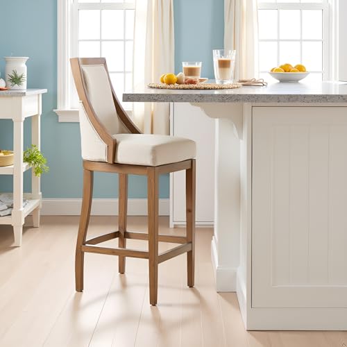 Image of Ellie Bar Height Swivel Stool with Back - 46 inch Tall Barstool with Upholstered Seat, Solid Rubberwood Frame, Steel Memory Return, Metal Kick Plate and Footrest - for Kitchen Island or Home Bar (Brown)