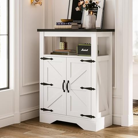 Maupvit 23.6" Farmhouse Storage Cabinet with Doors &Open Storage, White Freestanding Bathroom Cabinet, Small Coffee Bar Cabinet, Sideboard, Kitchen Pantry Cabinet Organizer for Dining Room,Living Room Cover