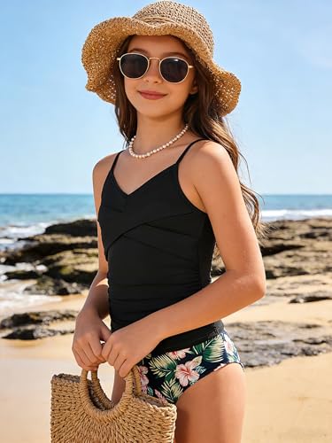 Image of Girls Swimsuit Tankini Criss Cross Ruched 2 Piece Bathing Suit Printed Girl Swimwear for Teens 9-16Y