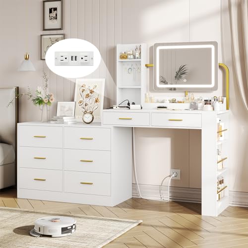 Hasuit Farmhouse Vanity Desk with Mirror and Lights, White Makeup Dressing Table with Charging Station, Rustic Vanity Mirror with Sliding Barn Door, Vanity Table with 3 Lighting Modes Adjust