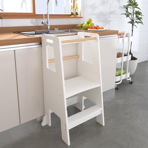 Adjustable Kids Standing Tower with Removable Safety Rail Design,Montessori Learning Stool Helper for Kitchen, Bathroom, or Playroom, Solid Wood Step Stool for Toddlers & Kids
