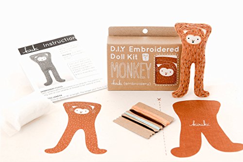Image of Kiriki Press DIY Embroidery Doll Kit - Skill Level 1 - Beginner to Advanced Embroidery Kits for Adults Teens (3 Skill Levels) Animal Embroidery Kit - Screen Printed Pattern (Monkey - Level 1)