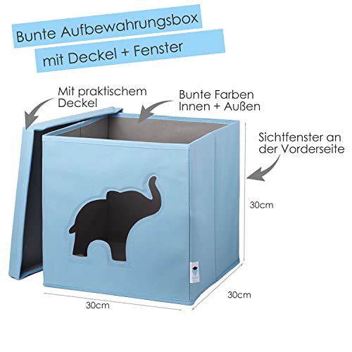 LOVE IT STORE IT Aufbewahrungsbox mit Deckel - Kallax Einsatz aus Stoff - Verstärkt mit Karton - Quadratisch - Hellblau mit Elefant - 30x30x30 cm