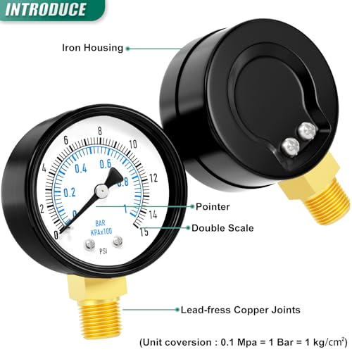 Image of 0-15PSI Well Pump Pressure Gauge 2 inch Dial Size, 1 /4 inch NPT Lower Mount, 3-2-3% Accuracy, for Tube, Water Pump, Gas, Liquid, Pressure Test
