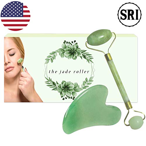 Jade Roller for Face and Gua Sha Stone Massage Tool Set by SRI - Natural Face Roller for Toning & Wrinkles - Authentic Face Massager that Reduces Puffiness to Promote Soft and Firm Skin