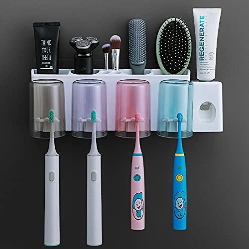 CHESHTA 4 Cups with 8 Slot Toothbrush Holders - Wall Mount Family Set - Space Saving Organizer - Easy Install for Bathroom - Cosmetic Storage Rack (4 Cup with Toothpaste Dispenser(1Ps))