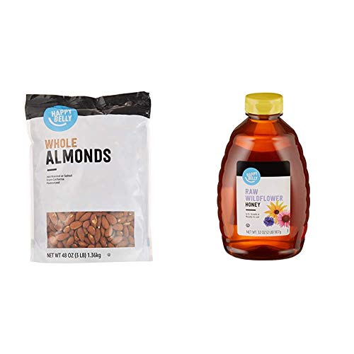 Amazon Brand - Happy Belly Whole Raw Almonds, 48 Ounce & Happy Belly Raw Wildflower Honey, 32 oz (Previously Solimo) (Packaging May Vary)