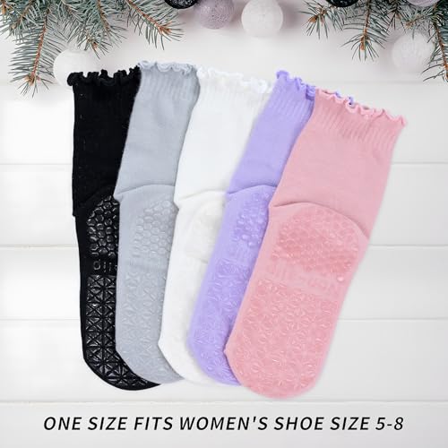 Image of Yoga Socks Non Slip Grips Anti Skid Women Athletic Socks Pilates Ballet Barre Crew Socks Ruffle Cuff 2 Pairs
