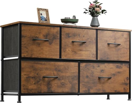 WLIVE Chest of Drawers, 5 Fabric Drawers Cabinet with Easy Pull Handle, Wood Top and Sturdy Steel Frame for Bedroom, Living Room, Rustic Brown