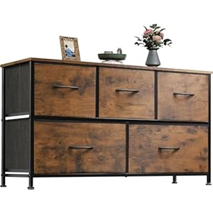 WLIVE Chest of Drawers, 5 Fabric Drawers Cabinet with Easy Pull Handle, Wood Top and Sturdy Steel Frame for Bedroom, Living Room, Rustic Brown