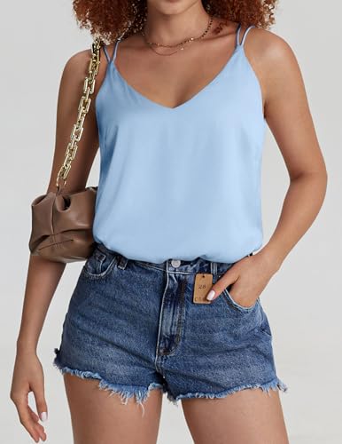 Image of Ekouaer Womens 2-Pack Silk Satin Camisole Tank Top V Neck Sexy Cross Back Spaghetti Strap Cami Sleeveless Lounge Tops S-XXL