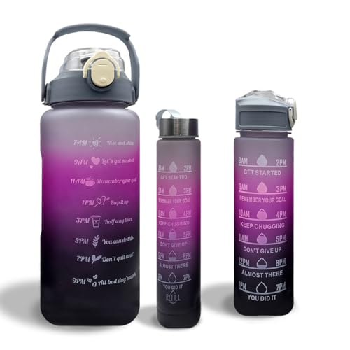 LITTLELAGOON Water Bottle 3 Pc Set with Straw 2L 300ml 900ml | Leak Proof BPA Free Motivational Drinking Bottles with Time Marker | Perfect for Sports School Office Gym Yoga Cycling for Kids Adults