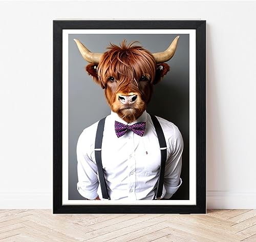 Parksmoonprints Ganado de las Tierras Altas con pajarita y tirantes de tartán – Divertido retrato de vaca de las tierras altas – Animal hipster – Decoración de pared Impresión de imagen (impresión A4