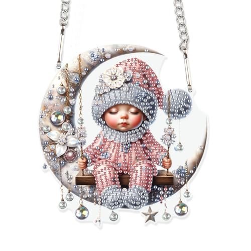Image of AiYuanzsh Christmas Baby on Moon Diamond Painting Hanging Kit, DIY 5D Acrylic Diamond Art Pendant with Special Shaped Rhinestones, Elegant Wall or Window Decoration, Handmade Craft Gift for Adults