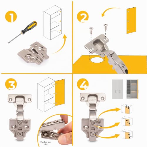 Miniatura 7 de Emuca - Pack De 20 Bisagras Rectas X91. Ø35mm. Apertura 105 Cierre Suave Para Puerta Solapada Y Suplementos Para Atornillar Con Regulación Excéntrica