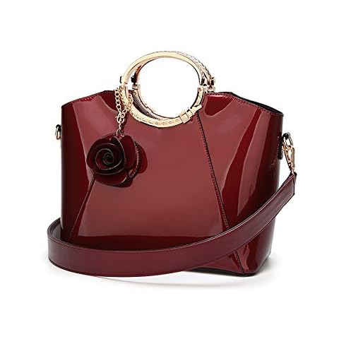 Tisdaini Women's Handbags Fashion Designer Patent Leather Cross-Body Top-Handle Shoulder Red wine Cover