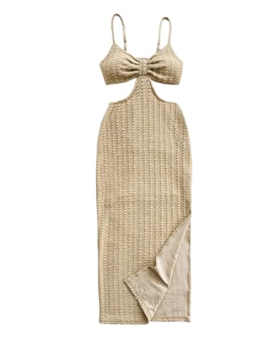 Image of SHENHE Women's Vacation Sexy Cutout Waist Split Camisole Textured Bodycon Summer Dress Apricot Large