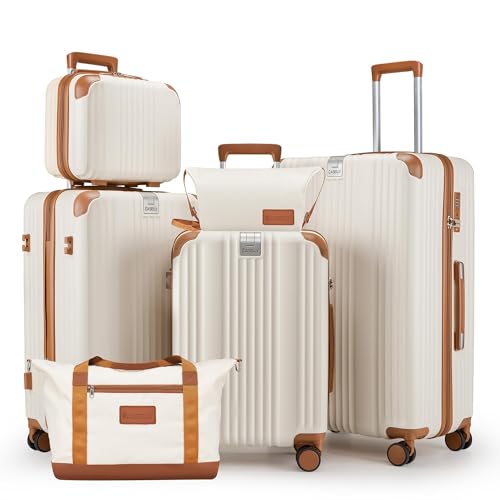 Image of Luggage Set 6 Piece Luggage with PC+ABS Hardshell TSA Lock Spinner Wheels Carry on Lightweight Suitcase Cup Holder,YKK Zippers and Hoot(Beige, 6 piece sets(14 /20 /24 /28 /DB /TB))