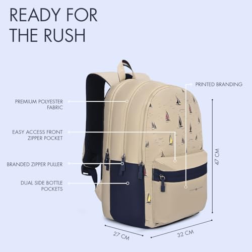 Image of Tommy Hilfiger School Backpack for Boys & Girls Segno - Beige+Navy | 3-Compartment Water-Resistant Student Bag for High School & College with Rain Cover & Padded Airmesh Back | 40L Capacity