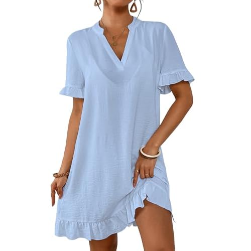 Bsubseach Womens Swimsuit Cover Up Shirt Ruffle Short Sleeve Bathing Suit Coverups V Neck Flowy Ruffled Beach Bikini Dress Sky Blue X-Large