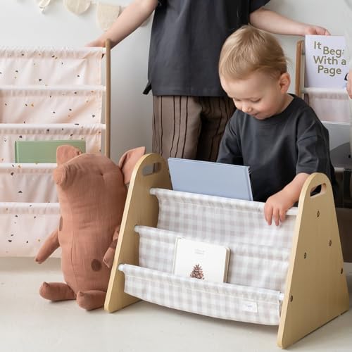3 Sprouts Dwustronny regał na książki dla niemowląt, przenośna półka na książki do pokoju dziecięcego, organizer na książki, kolor beżowy w kratkę