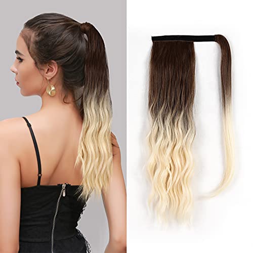HAIRCUBE Ponytail Extension Wrap Around Long Wavy Curly Pony Tail Hair Fluffy Synthetic Hairpiece for Women Drawstring Hair in Hair Extensions-Dark Brown to Yellow 16in