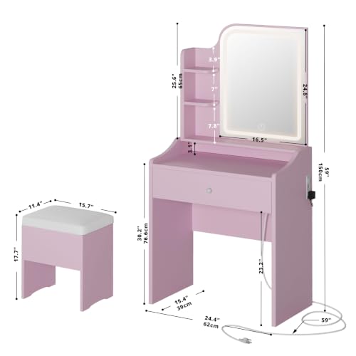 Image of LIKIMIO Small Vanity Desk with Storage Stool and Mirror Lights | Pink compact vanity featuring 3 lighting modes, acharging station, a storage drawer, 3 shelves and padded stool