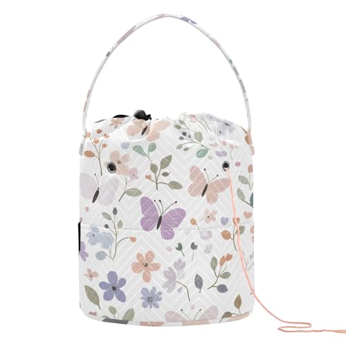 Yarn Storage Bag Small Crochet Bag Knitting Bag Organizer Butterflies Flowers Pastel Yarn Bags for Crocheting Basket