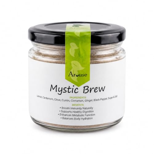 Image of Arouse Mystic Brew Instant Herbal Tea 100g | Instant Wellness Drink Mix | Lemon, Ginger, Cardamom & Spice Blend | Caffeine-Free | Just Add Hot Water | Digestive Herbal Beverage