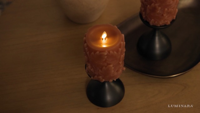 Image of Luminara Flameless Caramel Cafe Embossed Leaves 3.5 inch x 4.5 inch Pillar, Battery Operated & Timer Function, Fall Decorations Indoor Candle Moving Flickering Flame LED Light, Remote Ready (Sold Separately)