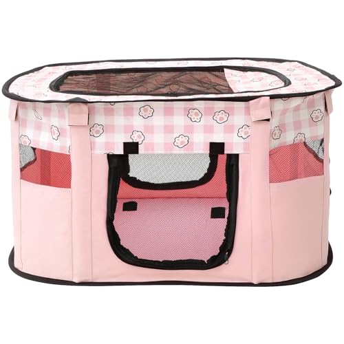 Gvauty ペットサークル 折りたたみ 猫 小型犬 長方形 70×55×40cm 猫 ケージ 持ち運び ペットベッド 犬 サークル 蓋 猫ハウス 屋外 室内 犬用ケージ 屋根付き メッシュサークル (ピンク)