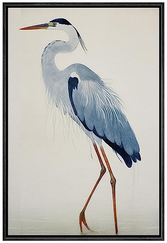 wall26 Framed Canvas Print Wall Art Watercolor Pastel Blue Heron Galapagos Bird Animals Wilderness Illustrations Modern Art Antique Vintage Farmhouse Relax/Calm/Cozy for Bedroom - 16"x24" Black