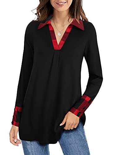 Vivilli Black Tunic Tops For Women, Maternity Sweaters Empire Waist Top Plus Size Casual Blouses Ladies Sweatshirts Long Sleeve Pullover Christmas Sweater Button Cuff Black Red Plaid Xl #TOP2