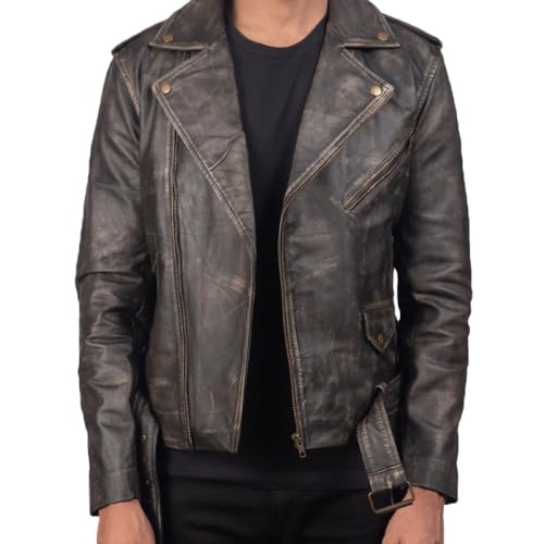 Image of Men's Leather Jacket Cafe Racer Biker Style Retro Stripes Jacket, Motorcycle Racing Leather Jacket Men