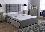 Comfy Deluxe LTD Divan Bed Base - 4FT6 Double, Grey | Linen Bed Frame with 20 Inch Cubic Headboard | No Mattress Included | 4 Side Storage Drawers & Chrome Glider Feet | UK Made