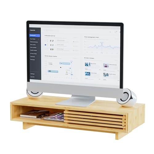 Zri Bamboo Computer Monitor Stand with Drawer, Dual Laptop Stand for Desk,Single Monitor Riser with Storage,Wood Office Desk Organizer & Accessories