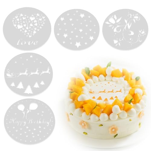 5 Piezas Plantillas Tartas Cumpleaños, Plantillas En Aerosol De Flores Para Pasteles de Plástico, 20cm, para Hornear En Aerosol De Pastelería Con Tamiz De Azúcar En Polvo