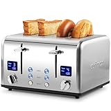 Toaster 4 Slices, Cusimax Stainless Steel Toaster with Ultra-Clear LED Display & 4 Extra-Wide Slots, Defrost/Reheat/Cancel Function, 6 Browning Settings, Removable Crumb Tray, Silver